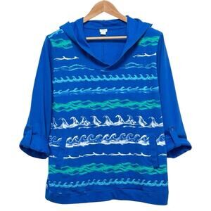 Sun Bay Waves Print Roll Tab Sleeve V-Neck Pullover Hoodie Blue Women's Size 2X